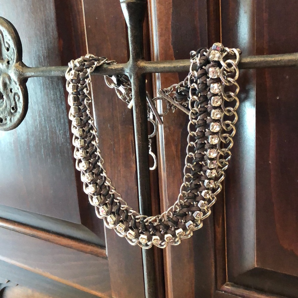 Leather, chain, & crystal necklace